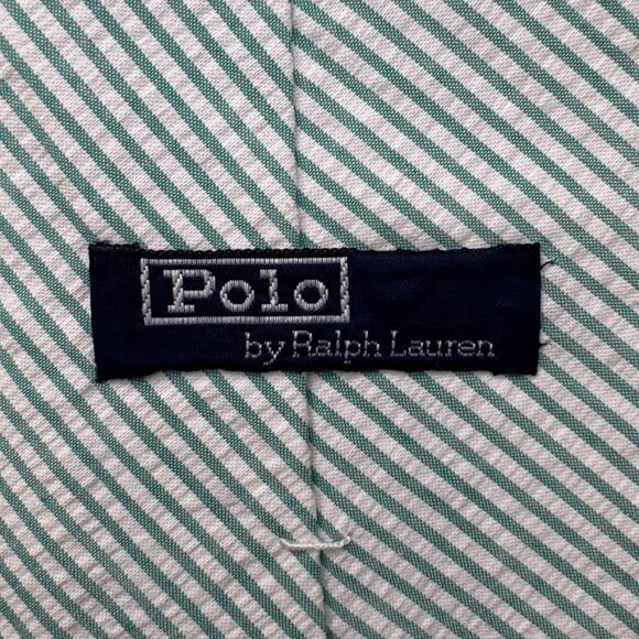 Polo Ralph Lauren Mens Green/White Cotton Striped Tie Embroidered Logo USA Made - Picture 2 of 9